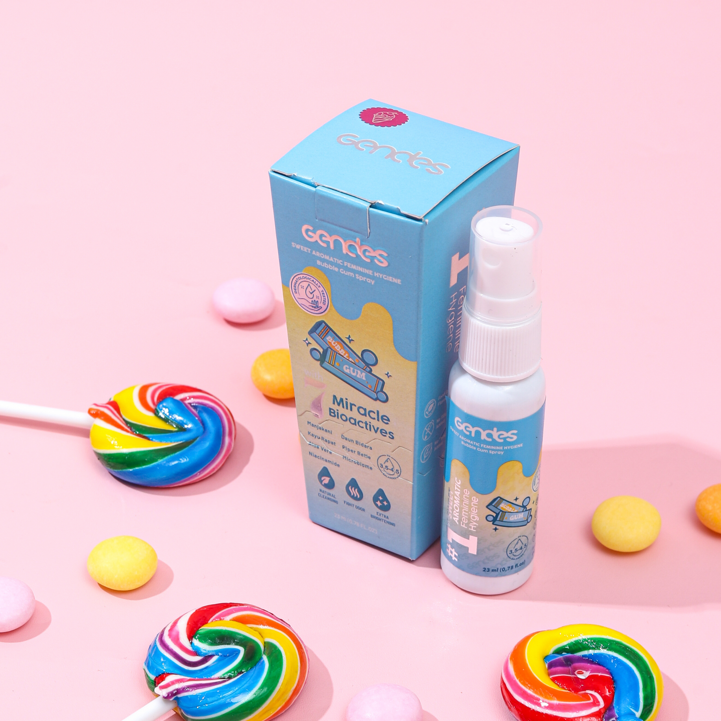 Gendes Feminine Hygiene Care Spray with Bubble Gum 7 Miracle Bioactives Merawat Kewanitaan 23 ml