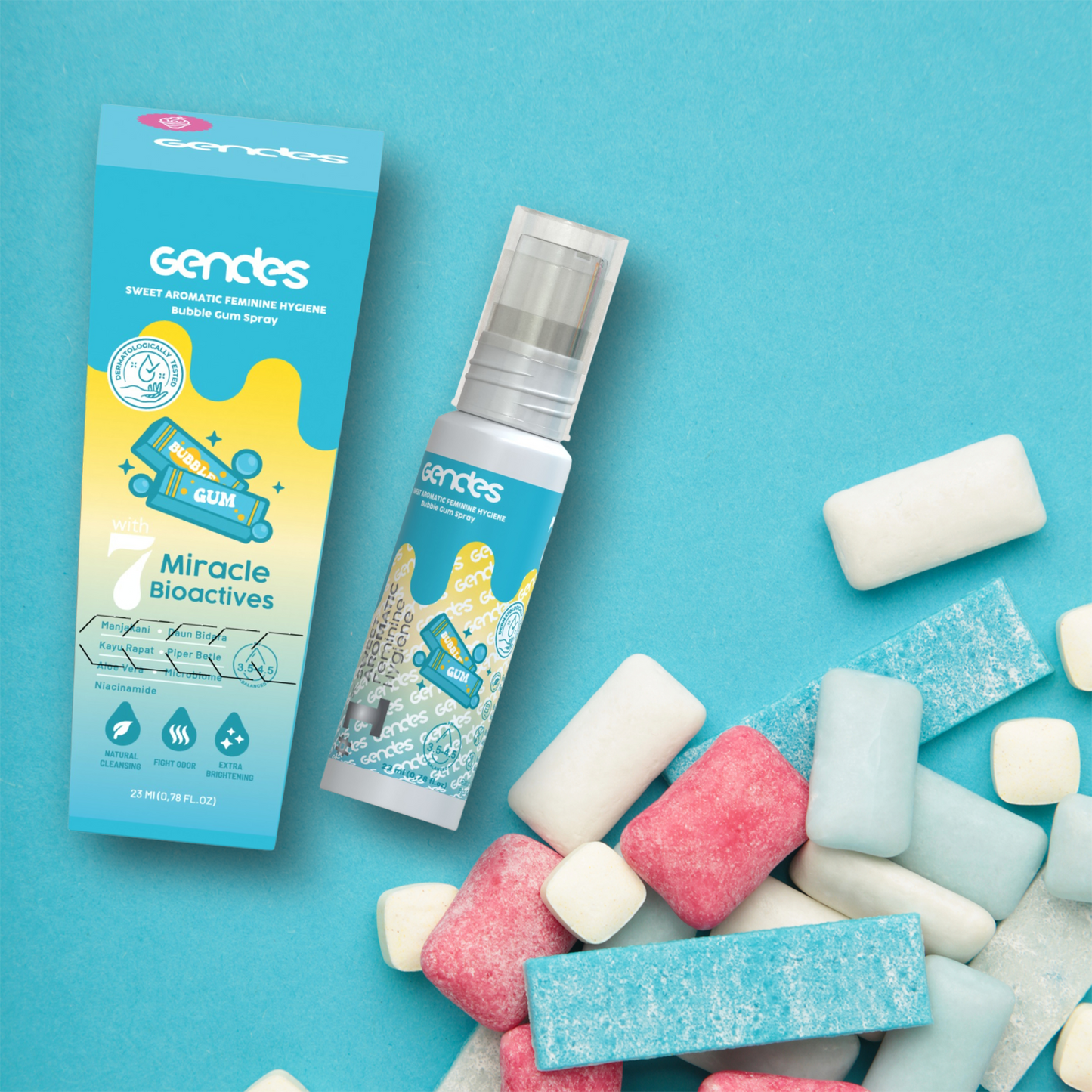 Gendes Feminine Hygiene Care Spray with Bubble Gum 7 Miracle Bioactives Merawat Kewanitaan 23 ml
