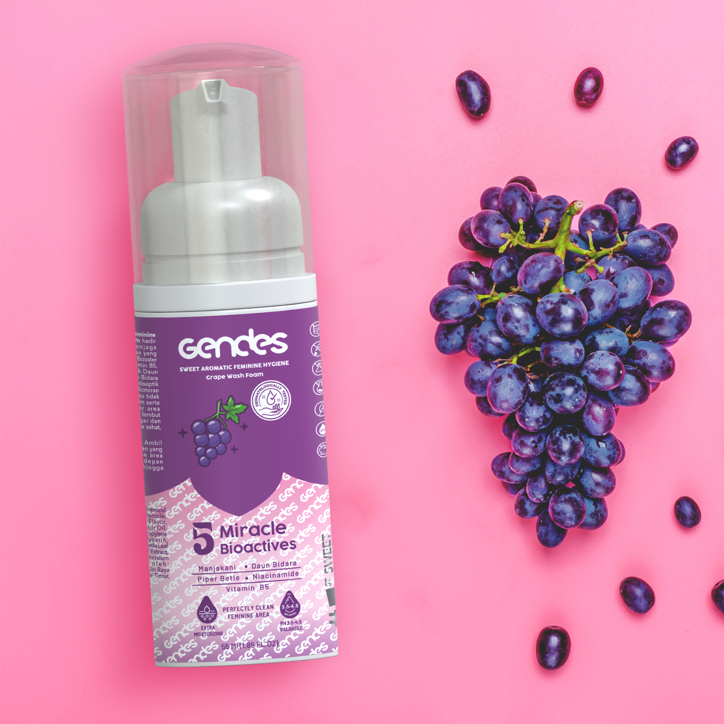 Gendes Sweet Aromatic Feminine Care Wash Foam Grape 5 Miracle Bioactives Meyeimbangkan Ph 50 ml